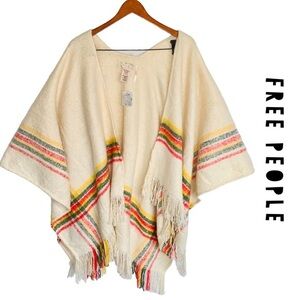 NWT Free People Bohemian Ivory Ruana Finge Wrap Sweater Poncho Cape